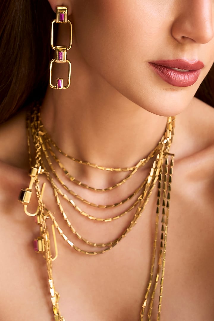 Gold Plated Emerald-Cut Swarovski Stone Dangler Earrings by ESS&NOI at Pernia's Pop Up Shop