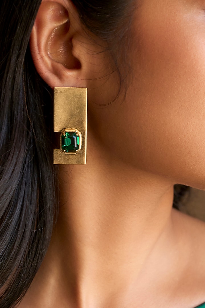 Matte Gold Plated Green Swarovski Stone Stud Earrings by ESS&NOI at Pernia's Pop Up Shop