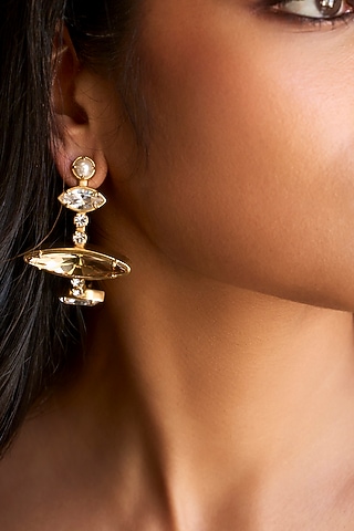 Matte Gold Plated Smoked Topaz Swarovski Stone Hoop Earrings by ESS&NOI