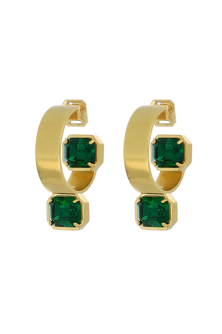 Matte Gold Plated Emerald Green Swarovski Hoop Earrings by ESS&NOI at Pernia's Pop Up Shop