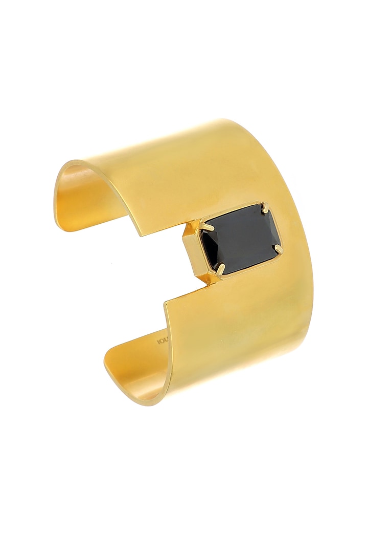 Matte Gold Plated Black Swarovski Stone Cuff by ESS&NOI at Pernia's Pop Up Shop
