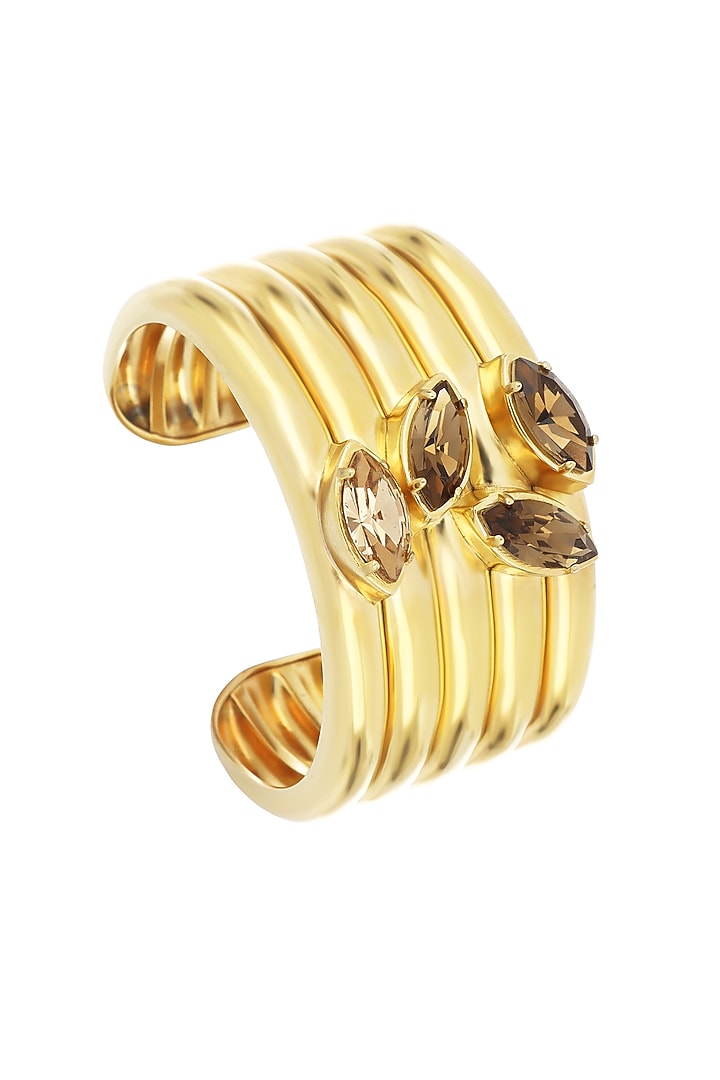 Matte Gold Plated Smoked Topaz Swarovski Stone Cuff by ESS&NOI at Pernia's Pop Up Shop