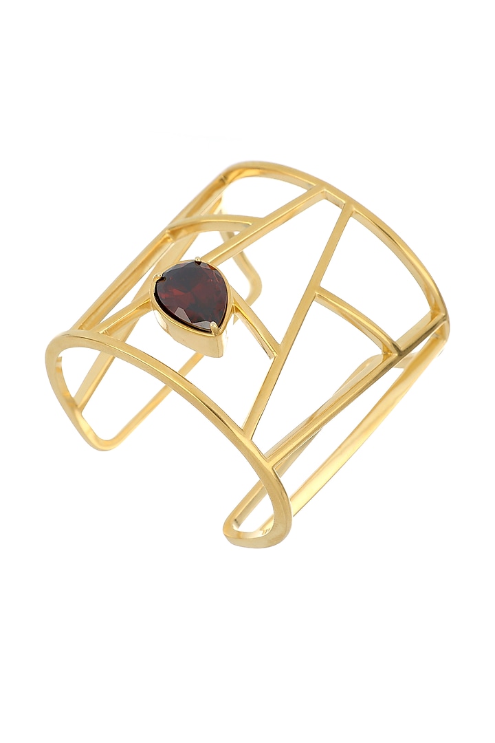 Matte Gold Plated Smoked Topaz Swarovski Stone Cuff by ESS&NOI at Pernia's Pop Up Shop