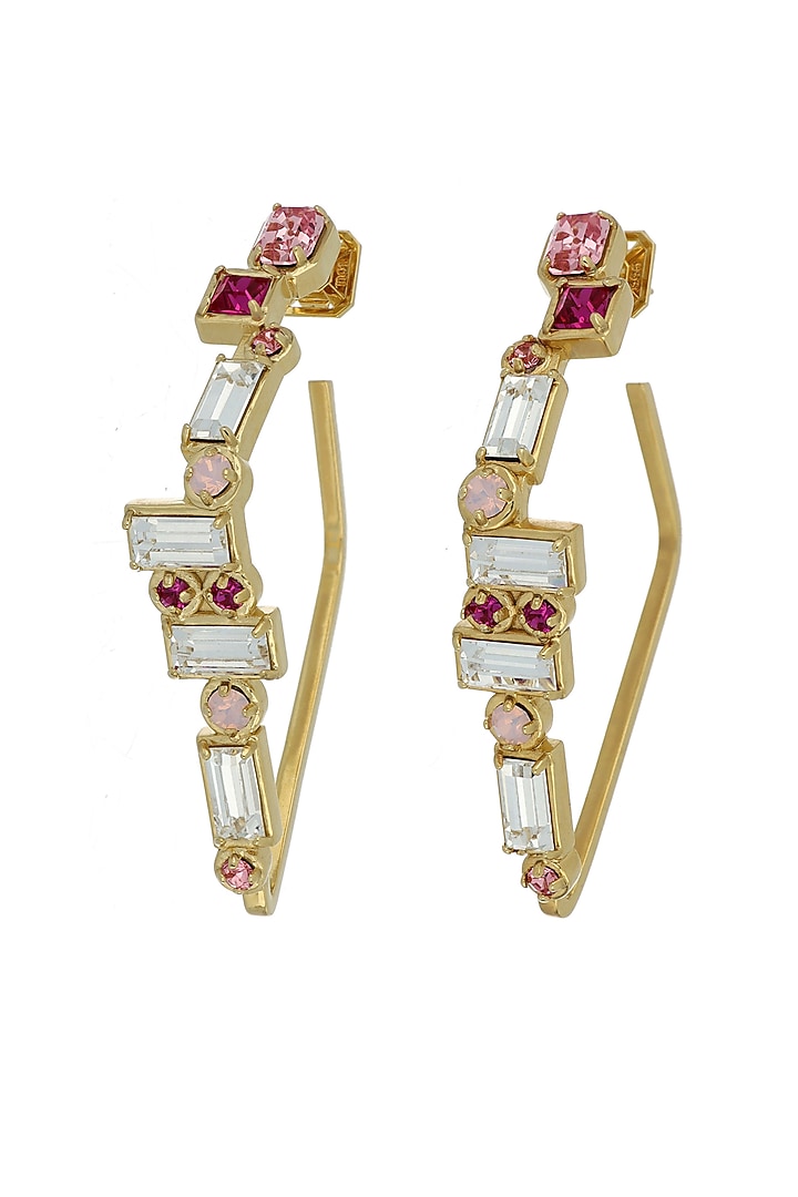 Matte Gold Plated Rose Pink Swarovski Stone Hoop Earrings by ESS&NOI at Pernia's Pop Up Shop