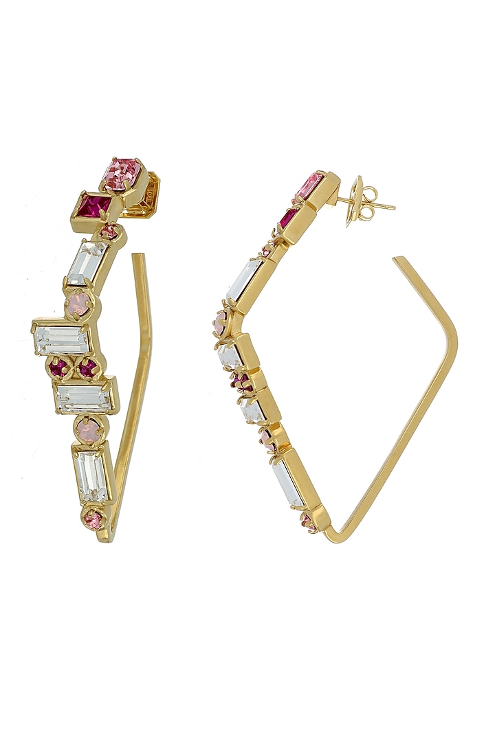Matte Gold Plated Rose Pink Swarovski Stone Hoop Earrings by ESS&NOI at Pernia's Pop Up Shop