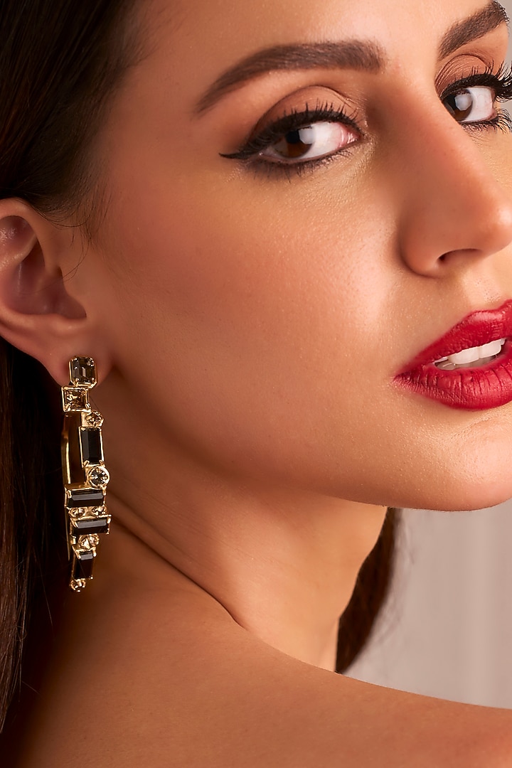 Matte Gold Plated Black Swarovski Stone Hoop Earrings by ESS&NOI at Pernia's Pop Up Shop