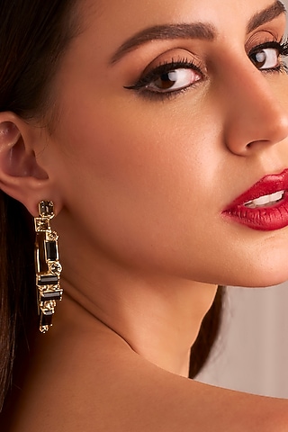 Matte Gold Plated Black Swarovski Stone Hoop Earrings by ESS&NOI