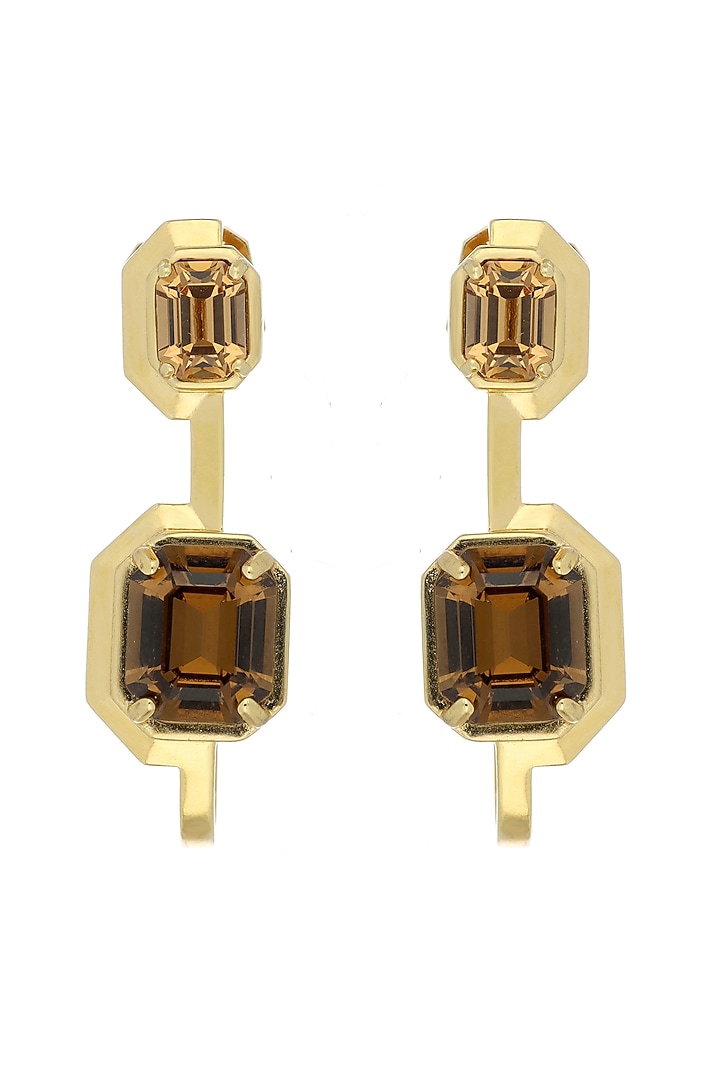 Matte Gold Plated Smoked Topaz Swarovski Stone Dangler Earrings by ESS&NOI at Pernia's Pop Up Shop