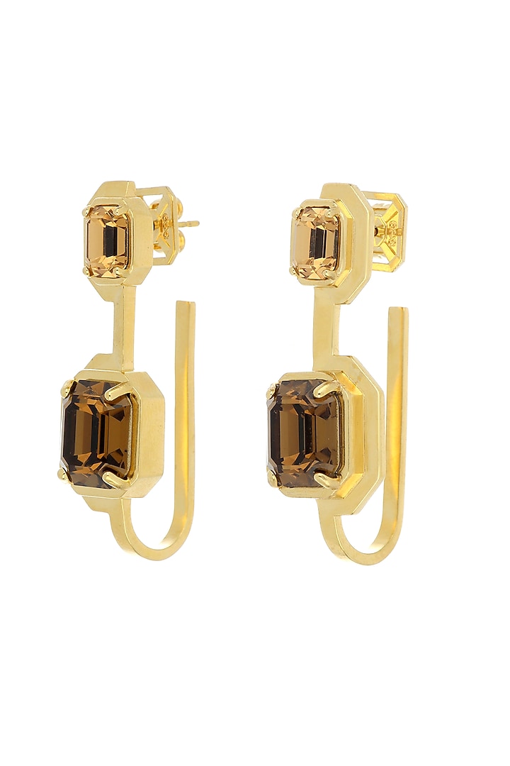 Matte Gold Plated Smoked Topaz Swarovski Stone Dangler Earrings by ESS&NOI at Pernia's Pop Up Shop