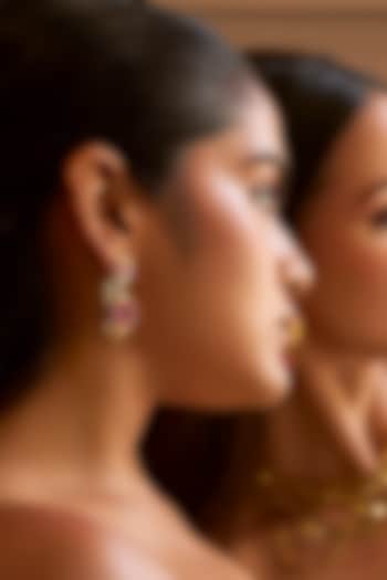 Matte Gold Plated Rose Pink Swarovski Stone Dangler Earrings by ESS&NOI at Pernia's Pop Up Shop