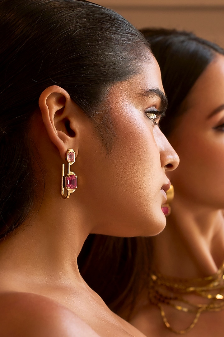 Matte Gold Plated Rose Pink Swarovski Stone Dangler Earrings by ESS&NOI at Pernia's Pop Up Shop