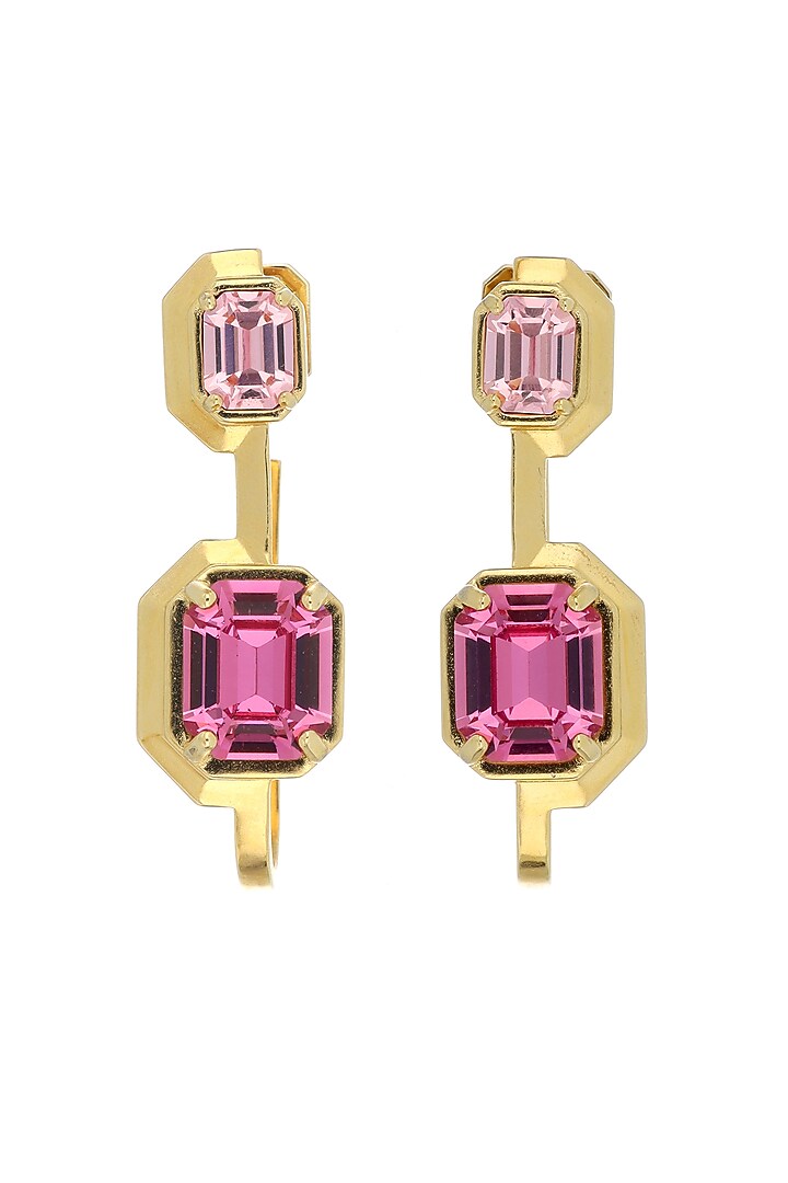 Matte Gold Plated Rose Pink Swarovski Stone Dangler Earrings by ESS&NOI at Pernia's Pop Up Shop