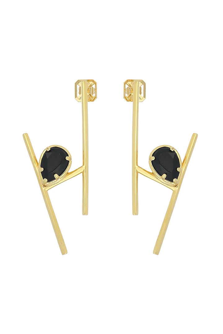 Matte Gold Plated Black Swarovski Stone Dangler Earrings by ESS&NOI at Pernia's Pop Up Shop