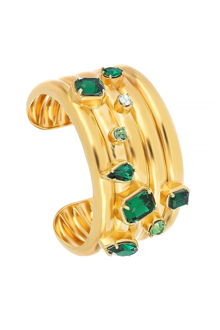 Matte Gold Plated Emerald Swarovski Stone Cuff by ESS&NOI at Pernia's Pop Up Shop