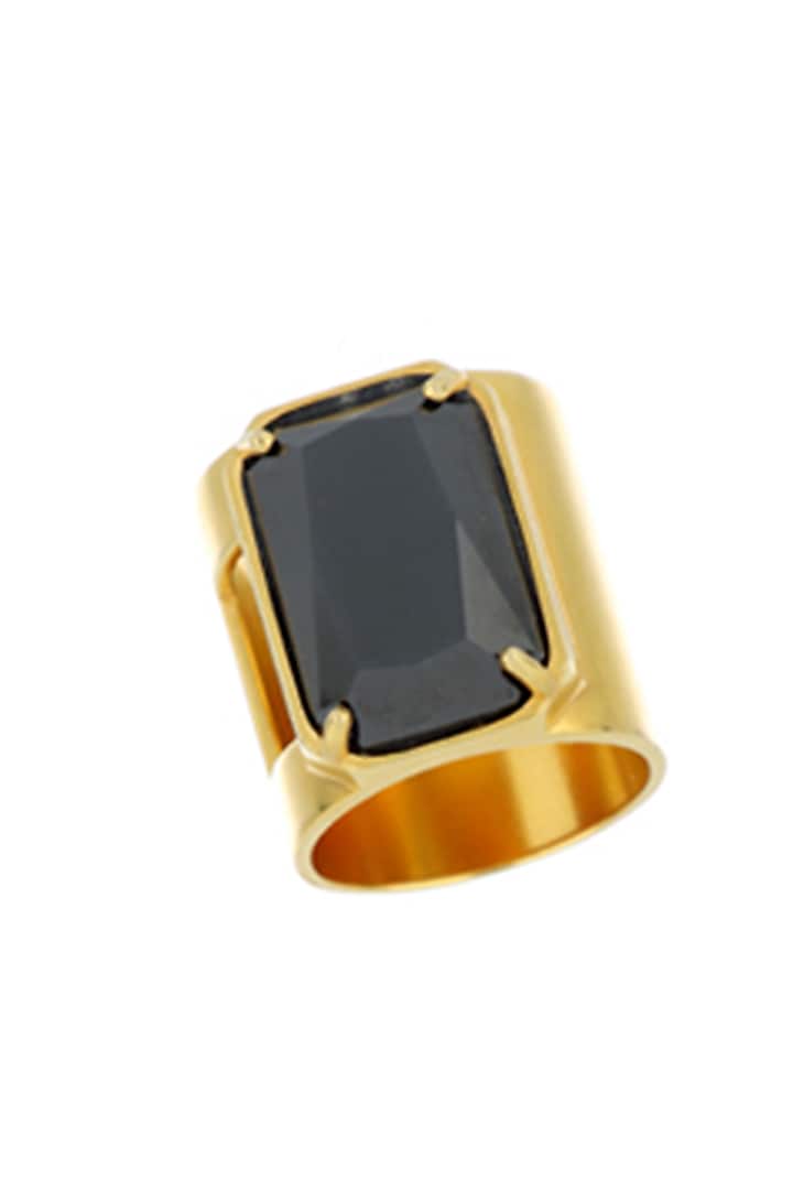 Matte Gold Plated Black Swarovski Stone Ring by ESS&NOI at Pernia's Pop Up Shop