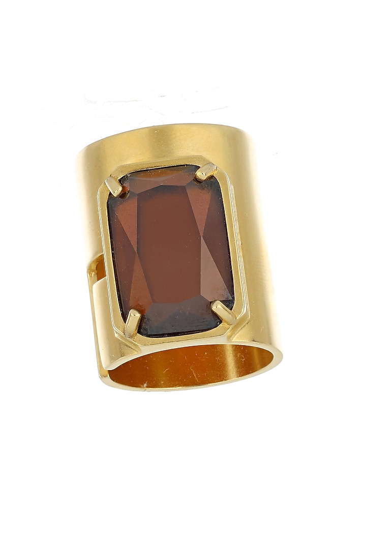 Matte Gold Plated Smoked Topaz Swarovski Stone Ring by ESS&NOI at Pernia's Pop Up Shop