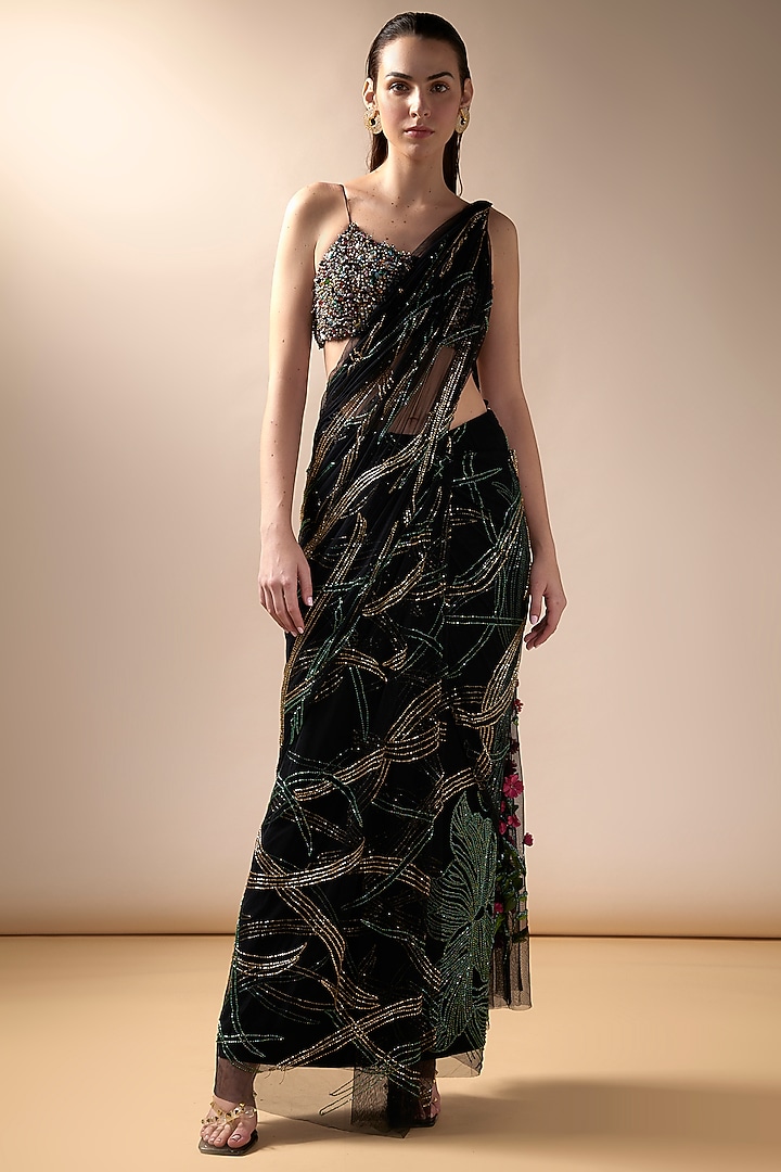 Black Tulle Reception Saree Set by Esha Sethi Thirani at Pernia's Pop Up Shop