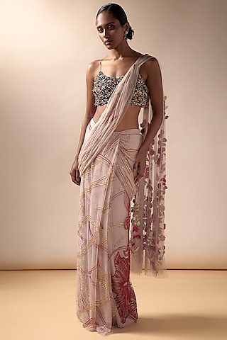 Ombre Prestitched Sari With Pearl Embellished Aanchal And 3D Flower Blouse  – Esha Sethi Thirani