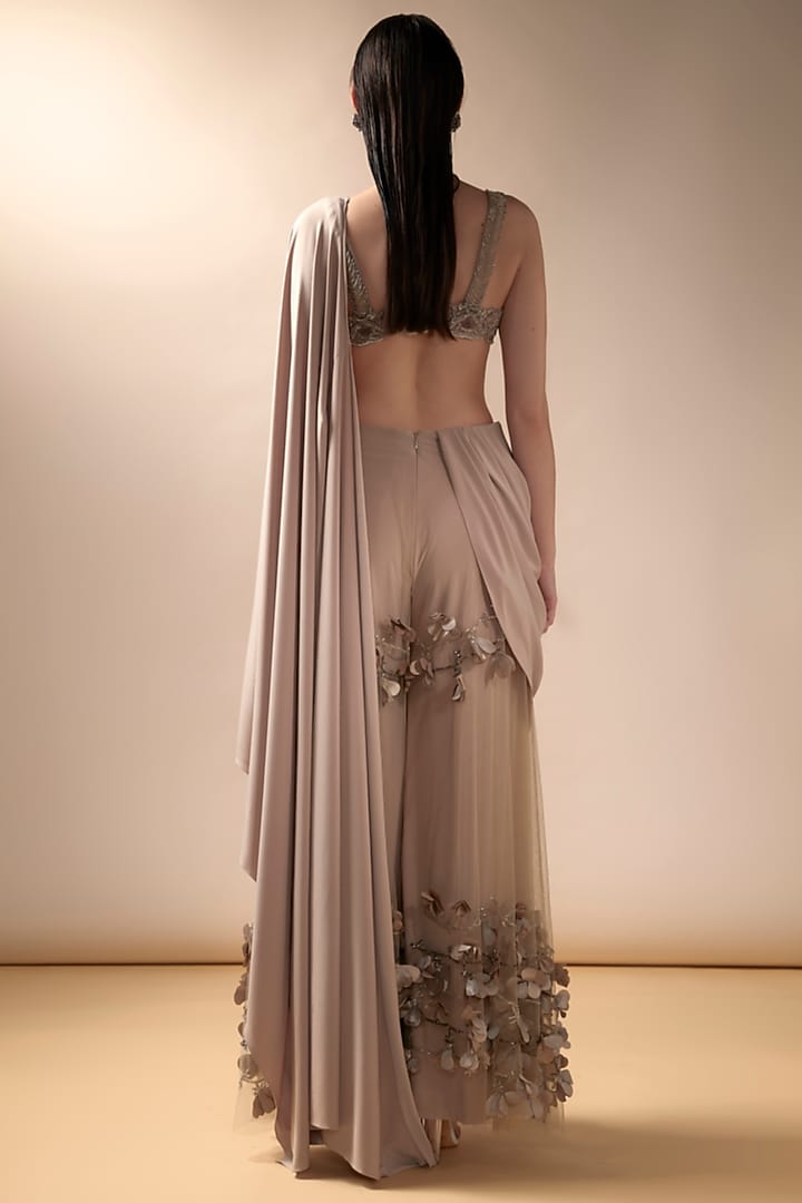 Nude Tulle & Jersey Wide-Leg Pant Reception Saree Set by Esha Sethi Thirani at Pernia's Pop Up Shop