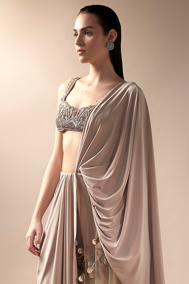 Nude Tulle & Jersey Wide-Leg Pant Reception Saree Set by Esha Sethi Thirani at Pernia's Pop Up Shop