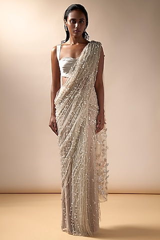 Light Nude Tulle Saree Set by Esha Sethi Thirani