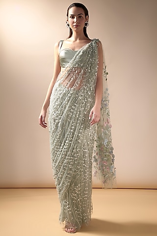 Mint Tulle Saree Set by Esha Sethi Thirani
