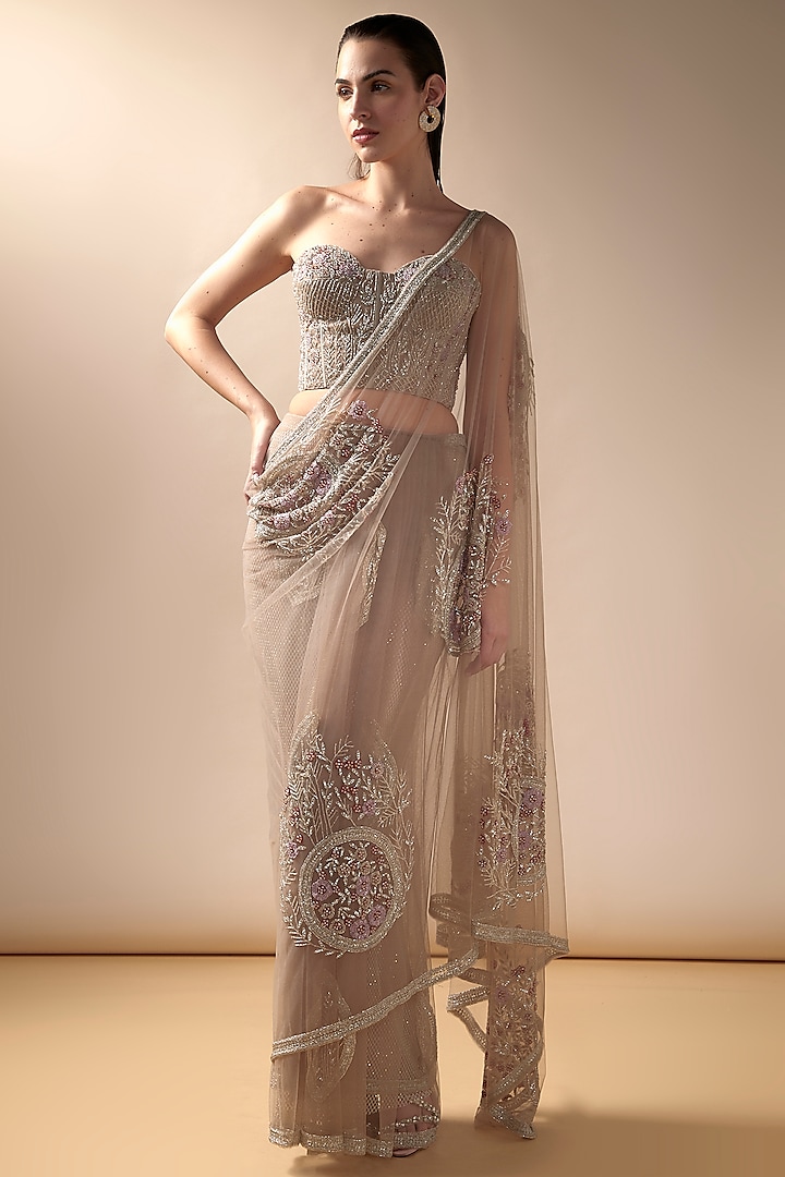 Nude Tulle Geometric Embroidered Saree Set by Esha Sethi Thirani