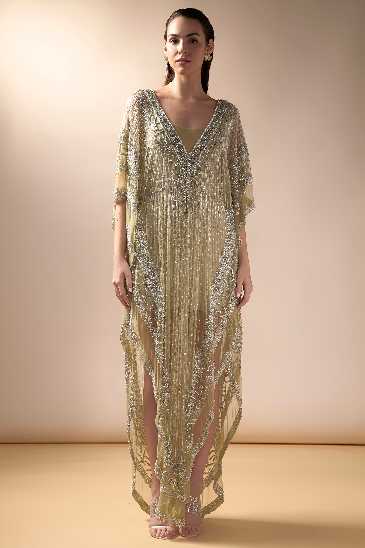 ✨カエデ Style ブランドSHOP✨ Lime Tulle Embellished Kaftan by Esha Sethi Thirani at