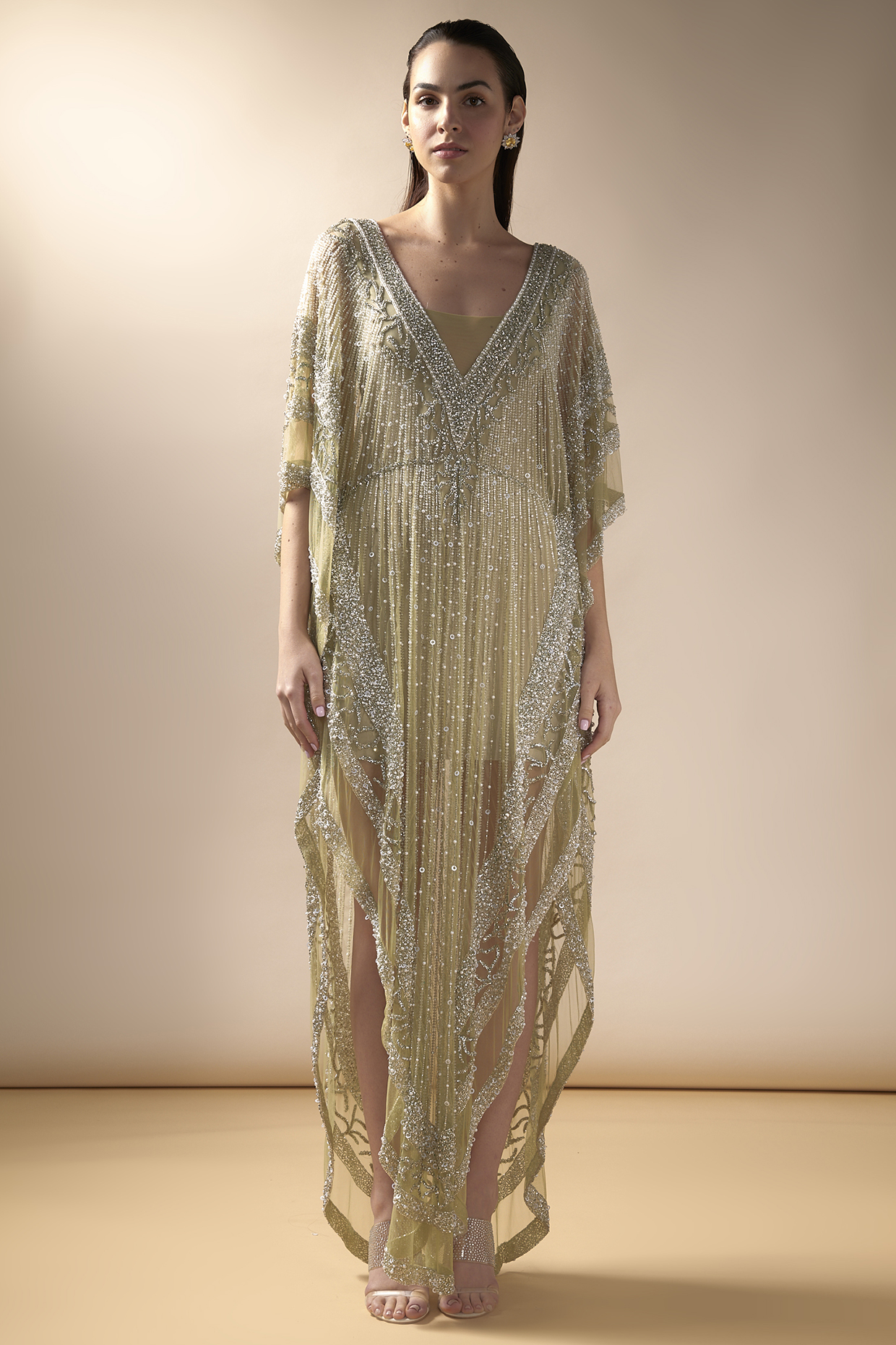 Lime Tulle Embellished Kaftan by Esha Sethi Thirani at Pernia's Pop Up Shop
