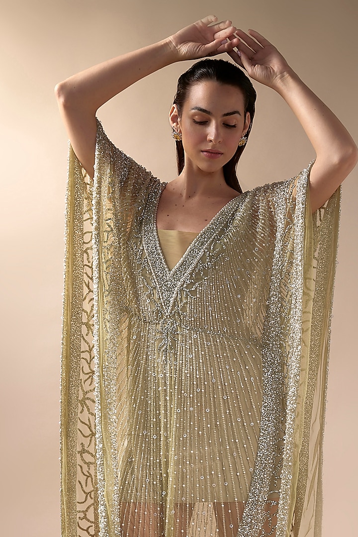 Lime Tulle Embellished Kaftan by Esha Sethi Thirani at Pernia's Pop Up Shop