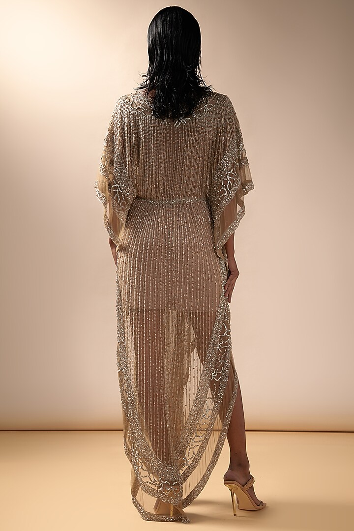 Nude Tulle Embellished Kaftan by Esha Sethi Thirani at Pernia's Pop Up Shop