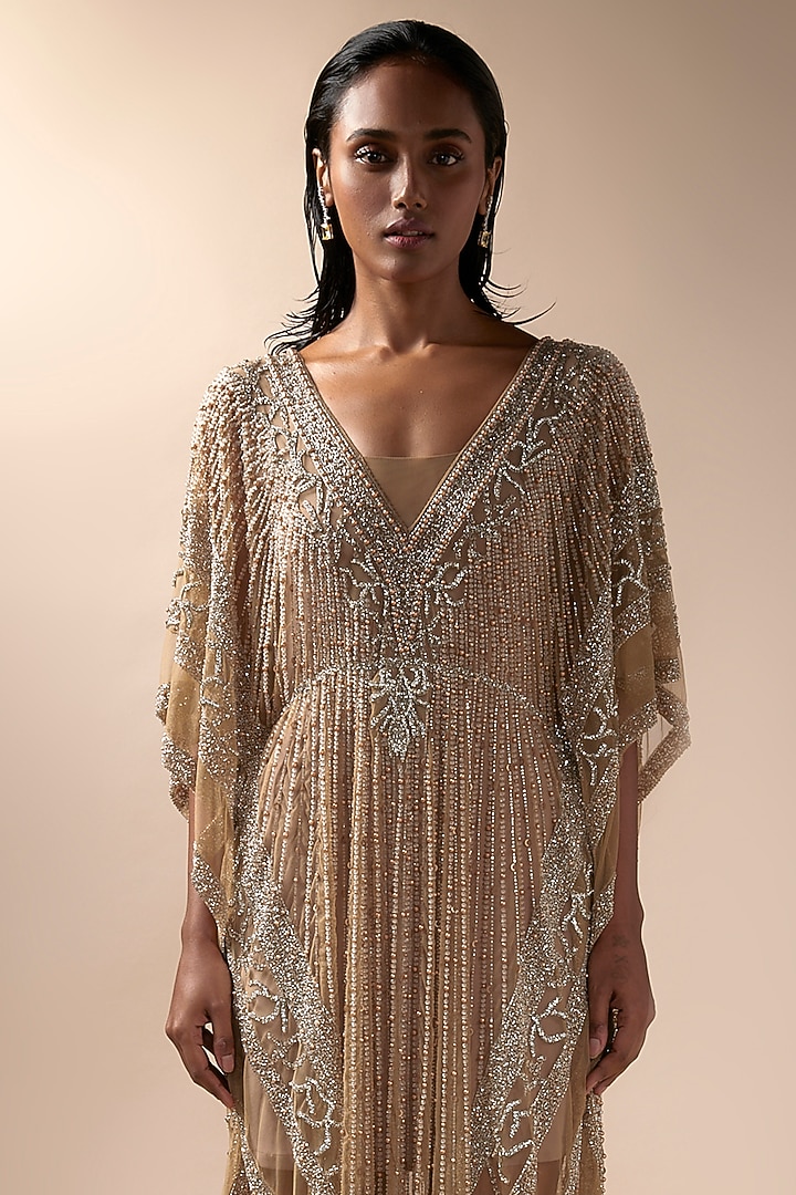 Nude Tulle Embellished Kaftan by Esha Sethi Thirani at Pernia's Pop Up Shop
