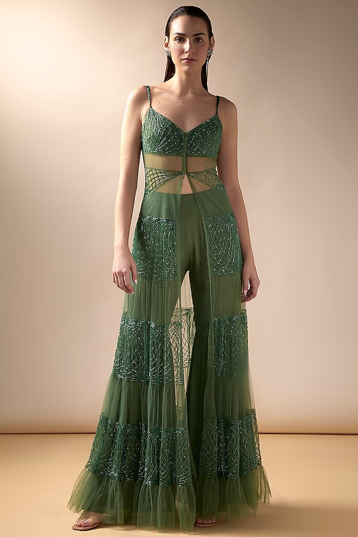 Moss Green Tulle Sharara Set Design by Esha Sethi Thirani at Pernia's ...