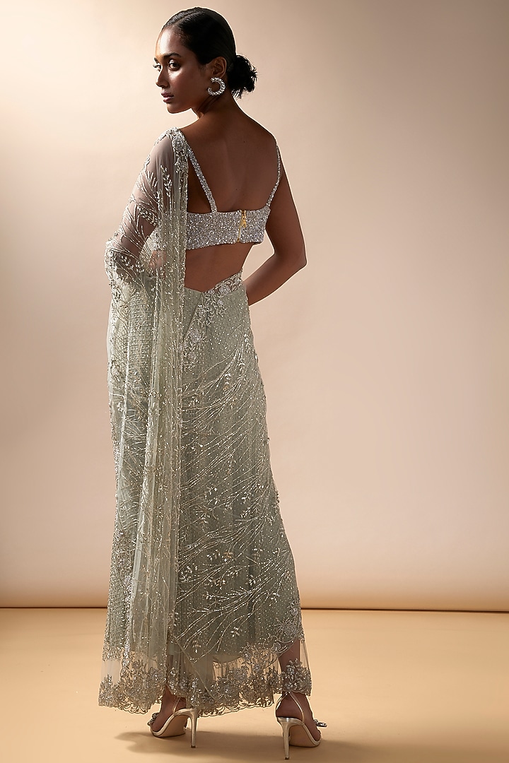 Mint Tulle Crystal Embroidered Sharara Bridal Saree Set by Esha Sethi Thirani at Pernia's Pop Up Shop