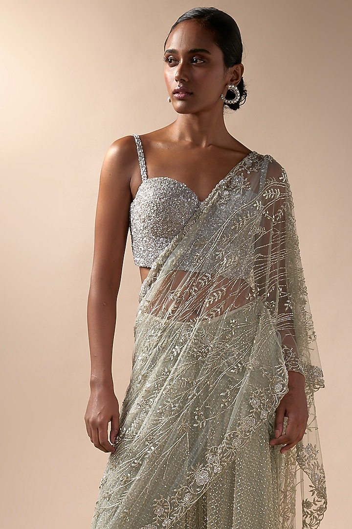 Mint Tulle Crystal Embroidered Sharara Bridal Saree Set by Esha Sethi Thirani at Pernia's Pop Up Shop