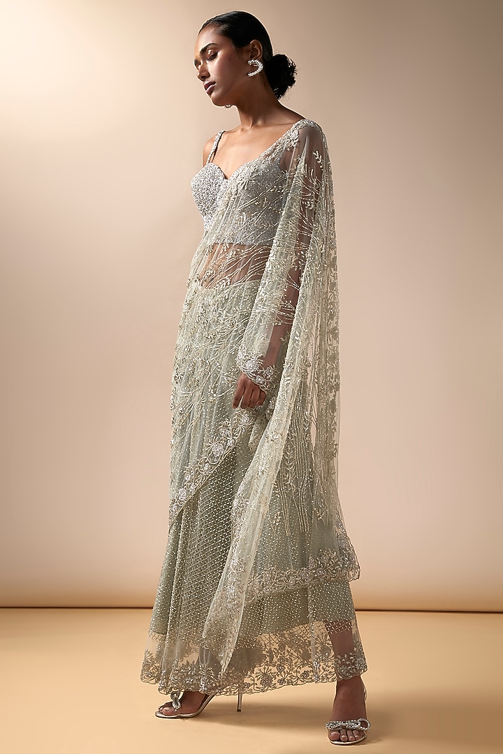 Mint Tulle Crystal Embroidered Sharara Bridal Saree Set by Esha Sethi Thirani at Pernia's Pop Up Shop