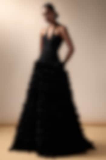 Black Tulle & Chiffon Rose Gown by Esha Sethi Thirani