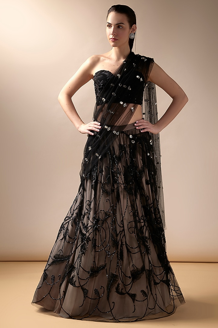 Black & Nude Tulle Stone Embroidered Bridal Lehenga Saree Set by Esha Sethi Thirani at Pernia's Pop Up Shop