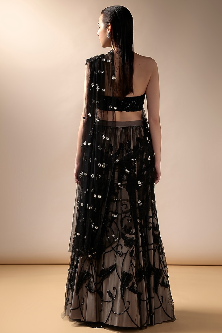 Black & Nude Tulle Stone Embroidered Bridal Lehenga Saree Set by Esha Sethi Thirani at Pernia's Pop Up Shop
