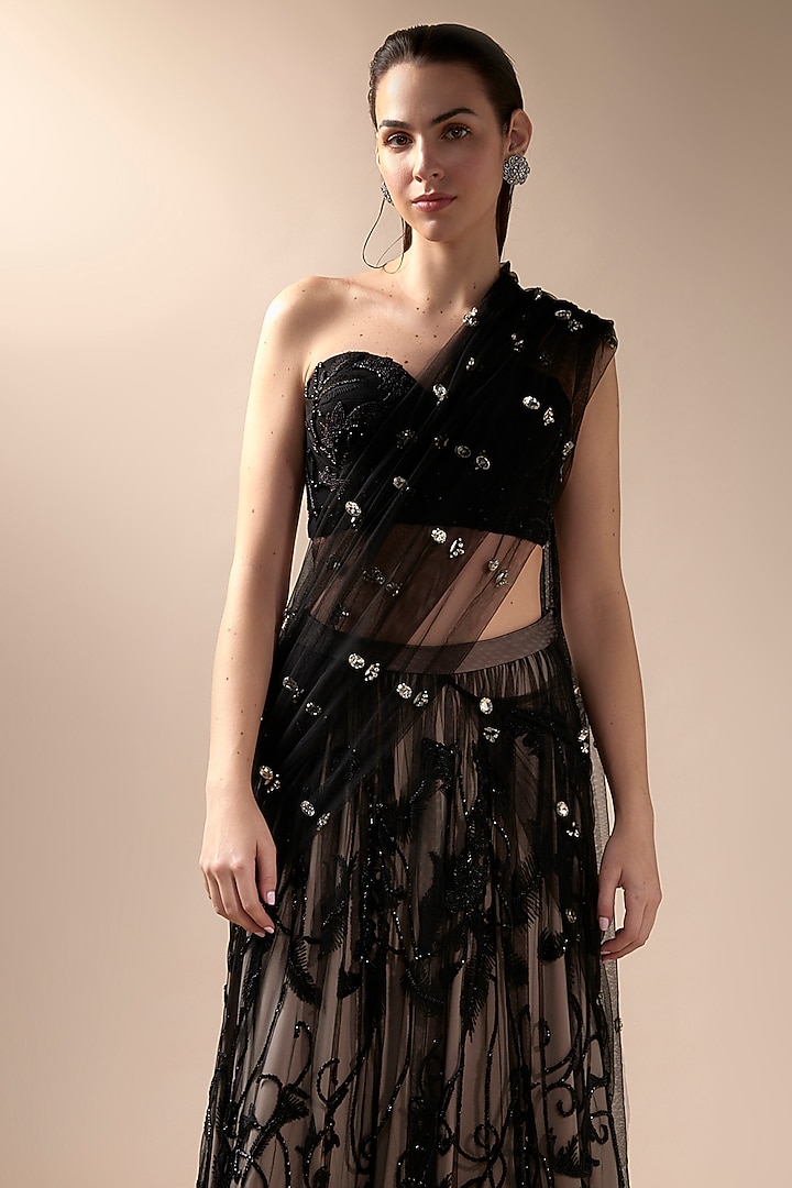 Black & Nude Tulle Stone Embroidered Bridal Lehenga Saree Set by Esha Sethi Thirani at Pernia's Pop Up Shop