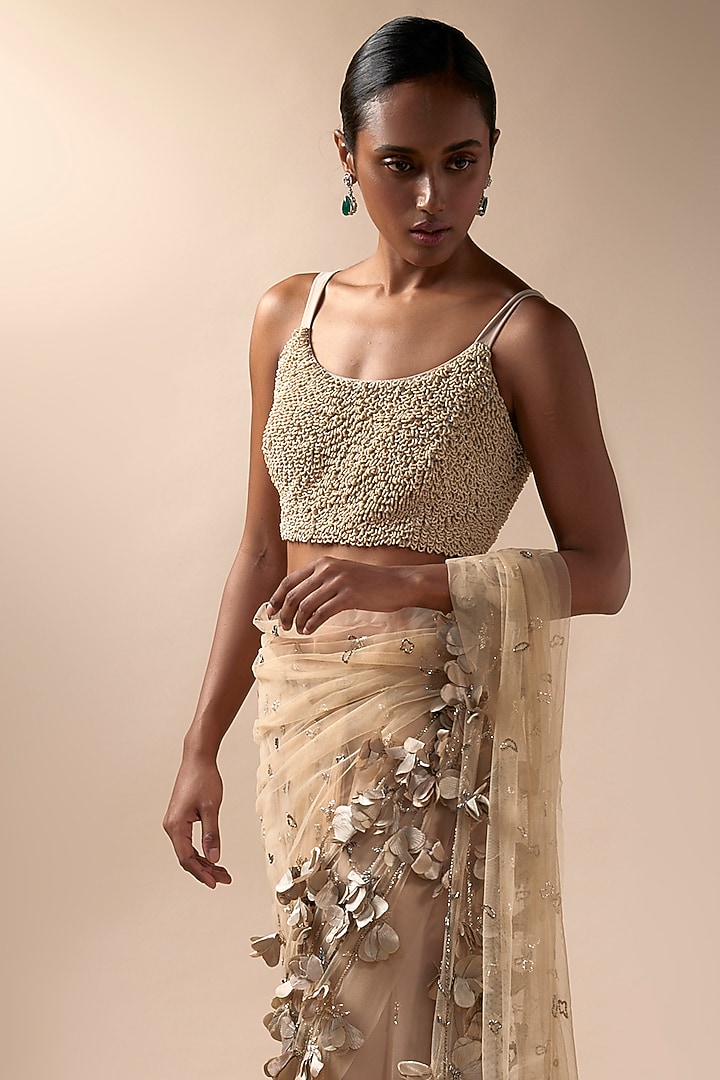 Nude Tulle Full Bloom Reception Saree Set by Esha Sethi Thirani at Pernia's Pop Up Shop