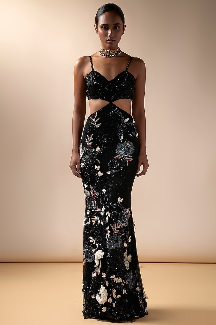Black Tulle Floral Embroidered Cut-Out Gown by Esha Sethi Thirani