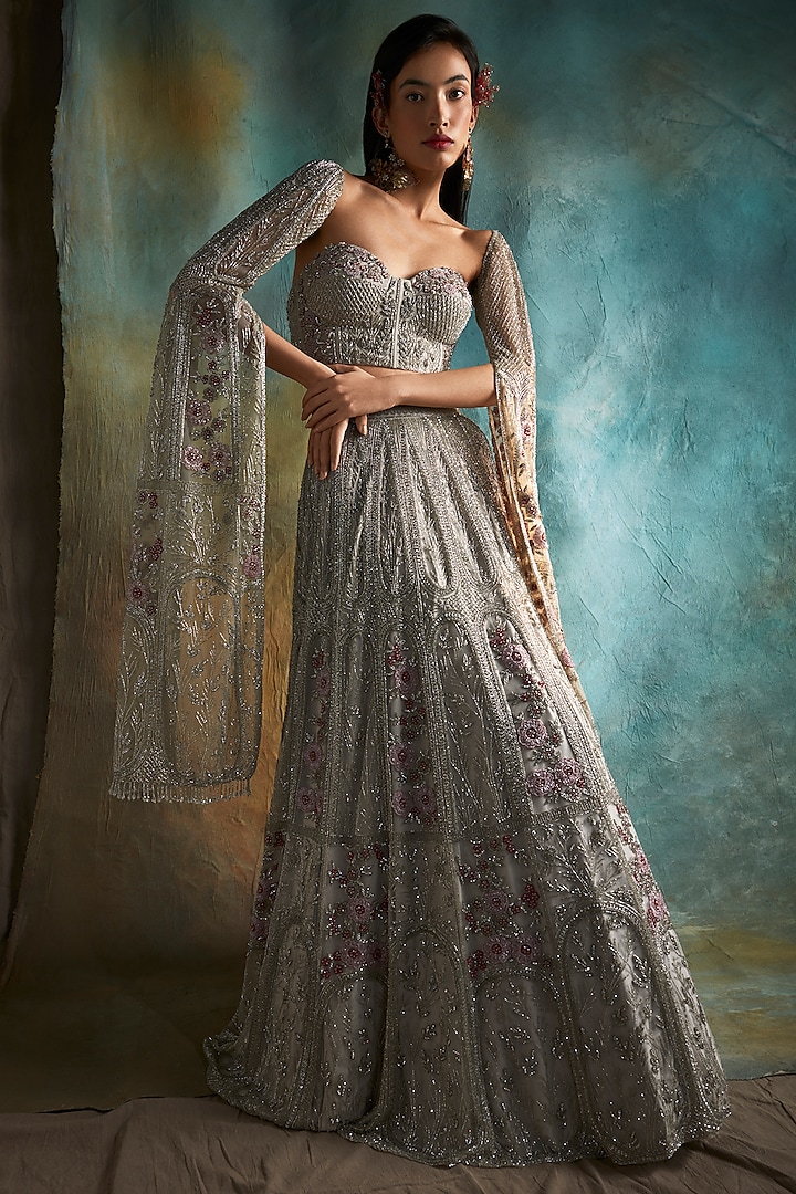 Grey Tulle Embroidered Bridal Lehenga Set by Esha Sethi Thirani at Pernia's Pop Up Shop
