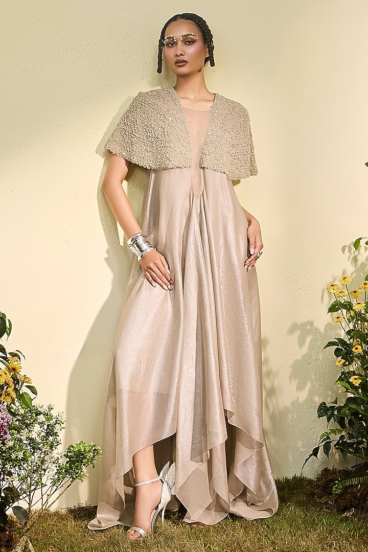 Grey Chiffon 3D Floral Embroidered Party Wear Dress by Esha Sethi Thirani at Pernia's Pop Up Shop