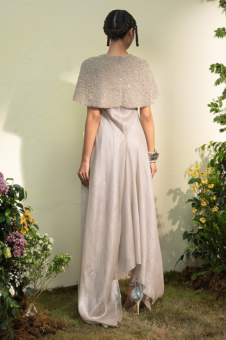 Grey Chiffon 3D Floral Embroidered Party Wear Dress by Esha Sethi Thirani at Pernia's Pop Up Shop