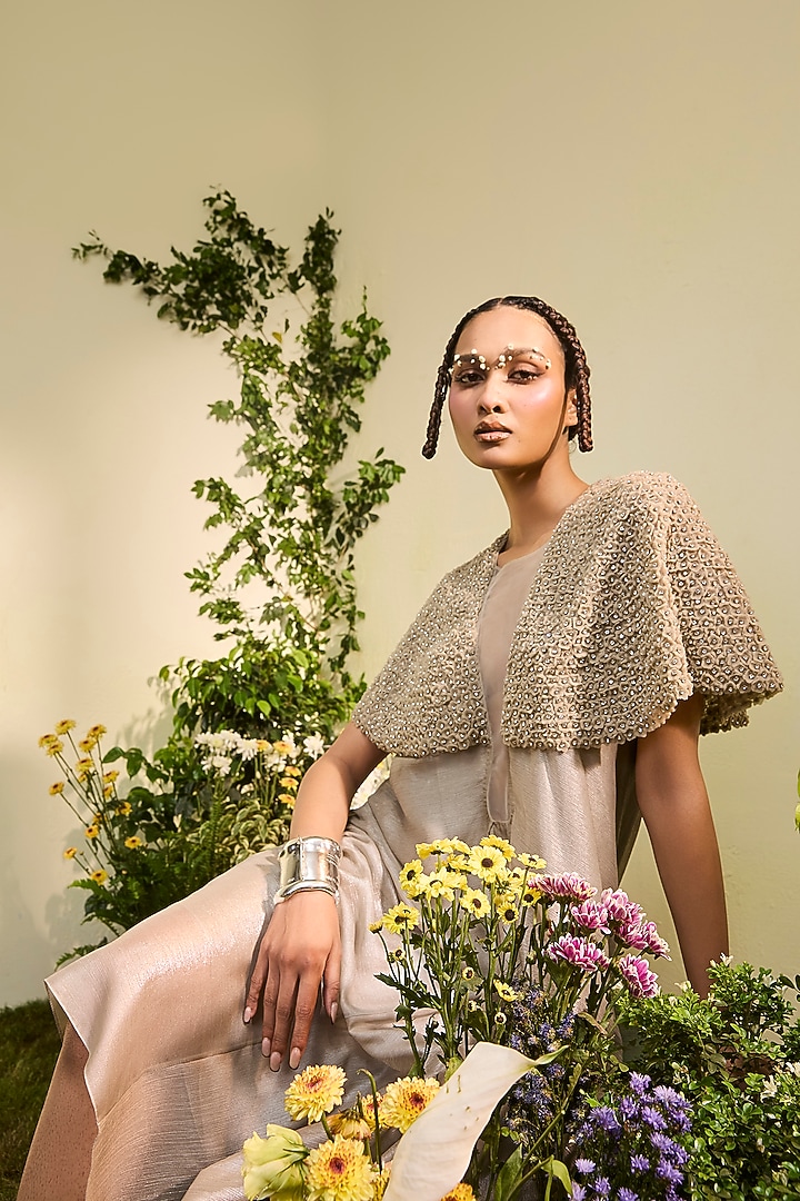 Grey Chiffon 3D Floral Embroidered Party Wear Dress by Esha Sethi Thirani at Pernia's Pop Up Shop