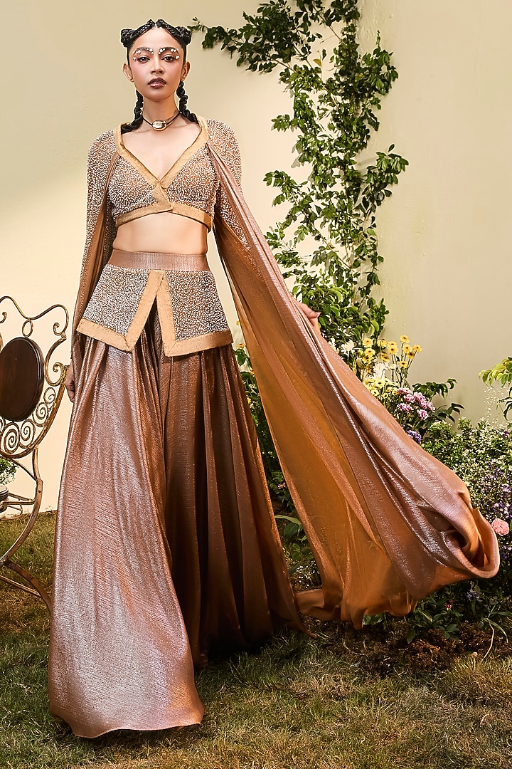 Copper Chiffon Hand Embroidered Co-Ord Set by Esha Sethi Thirani at Pernia's Pop Up Shop