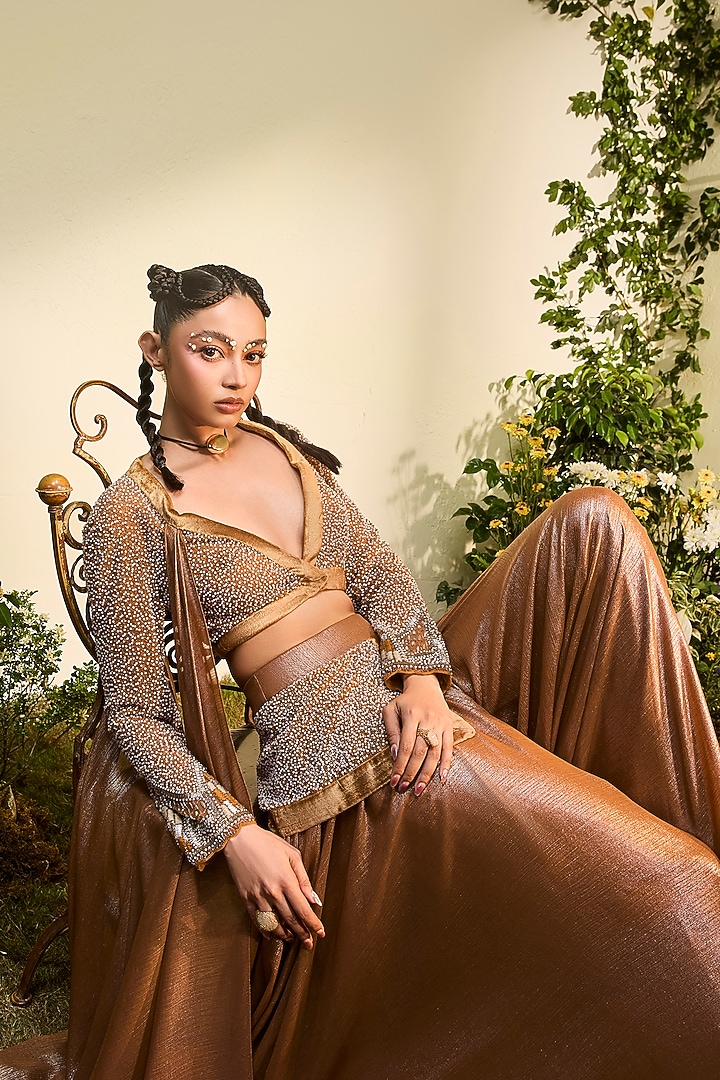 Copper Chiffon Hand Embroidered Co-Ord Set by Esha Sethi Thirani at Pernia's Pop Up Shop