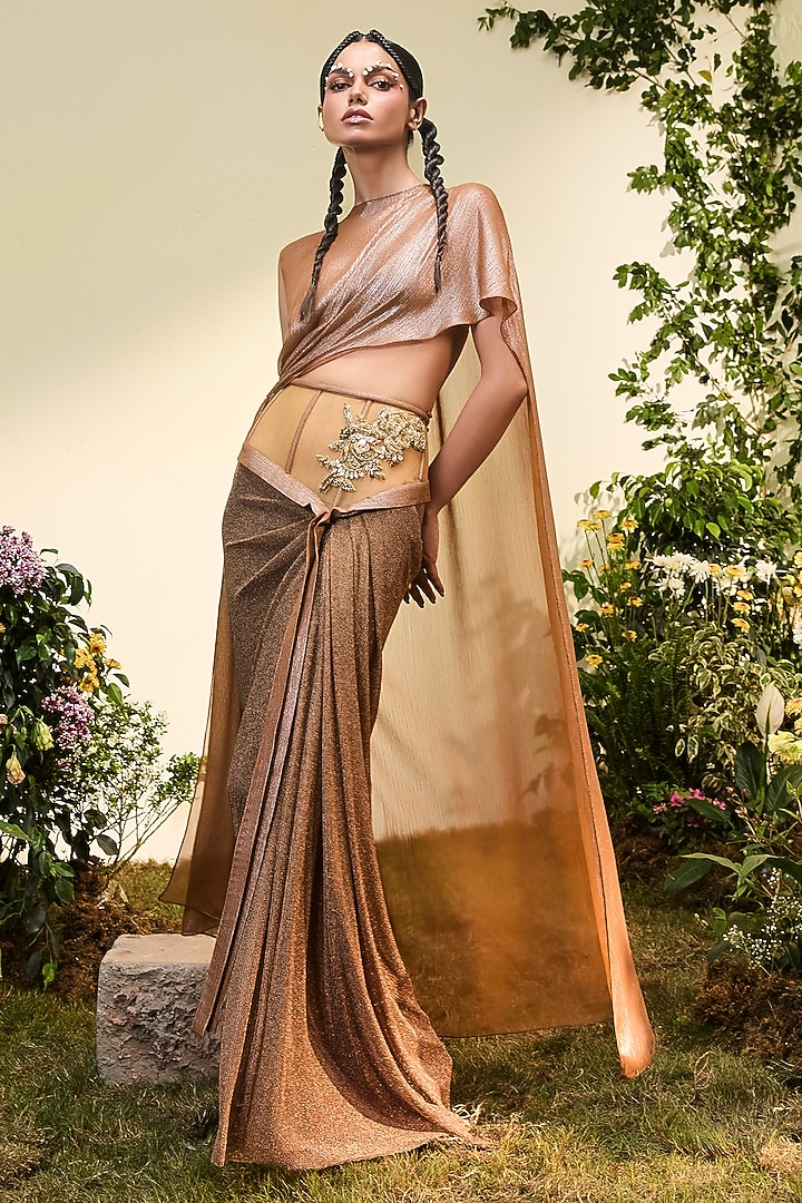 Copper Chiffon Chainmail Skirt Set by Esha Sethi Thirani at Pernia's Pop Up Shop