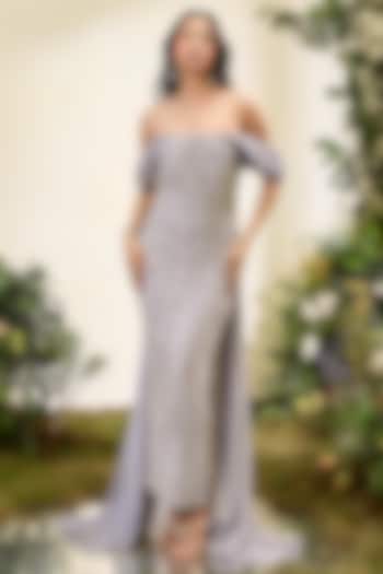 Lavender Tulle & Chiffon Off-Shoulder Pencil Party Wear Dress by Esha Sethi Thirani at Pernia's Pop Up Shop